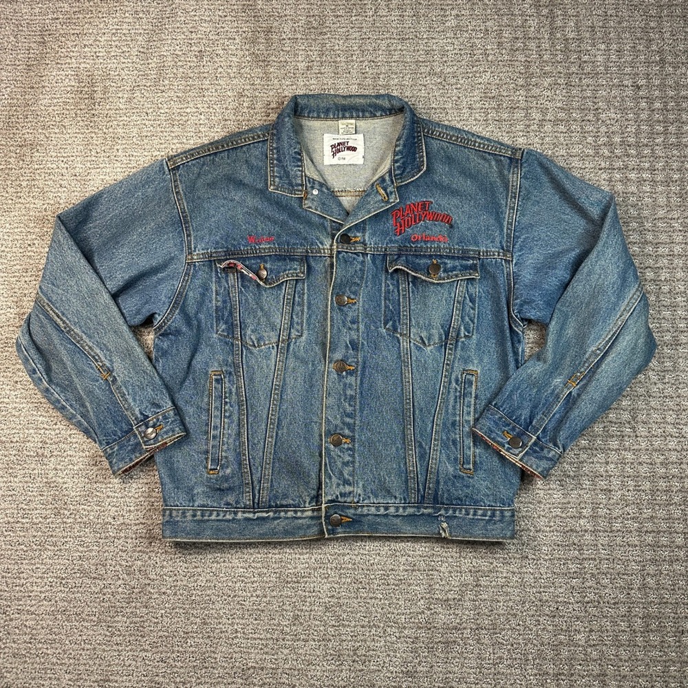 Vintage Planet Hollywood Orlando Denim Jacket Mens Medium Blue Trucker Wayne